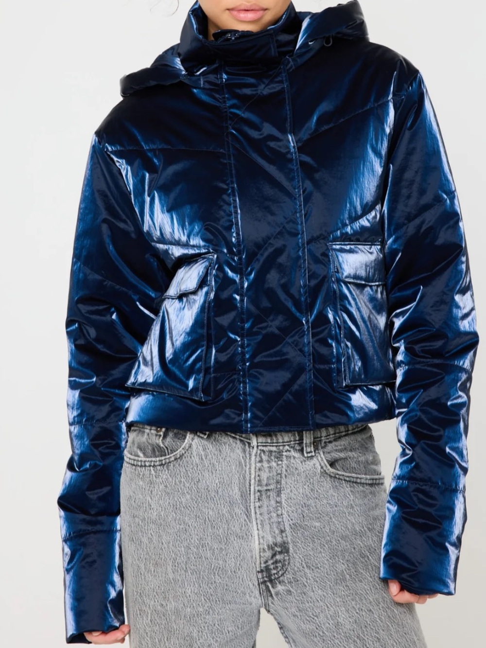Spiritual Gangster Monroe Puffer Jacket Blue Frosted Shine Hooded NWT Size S
